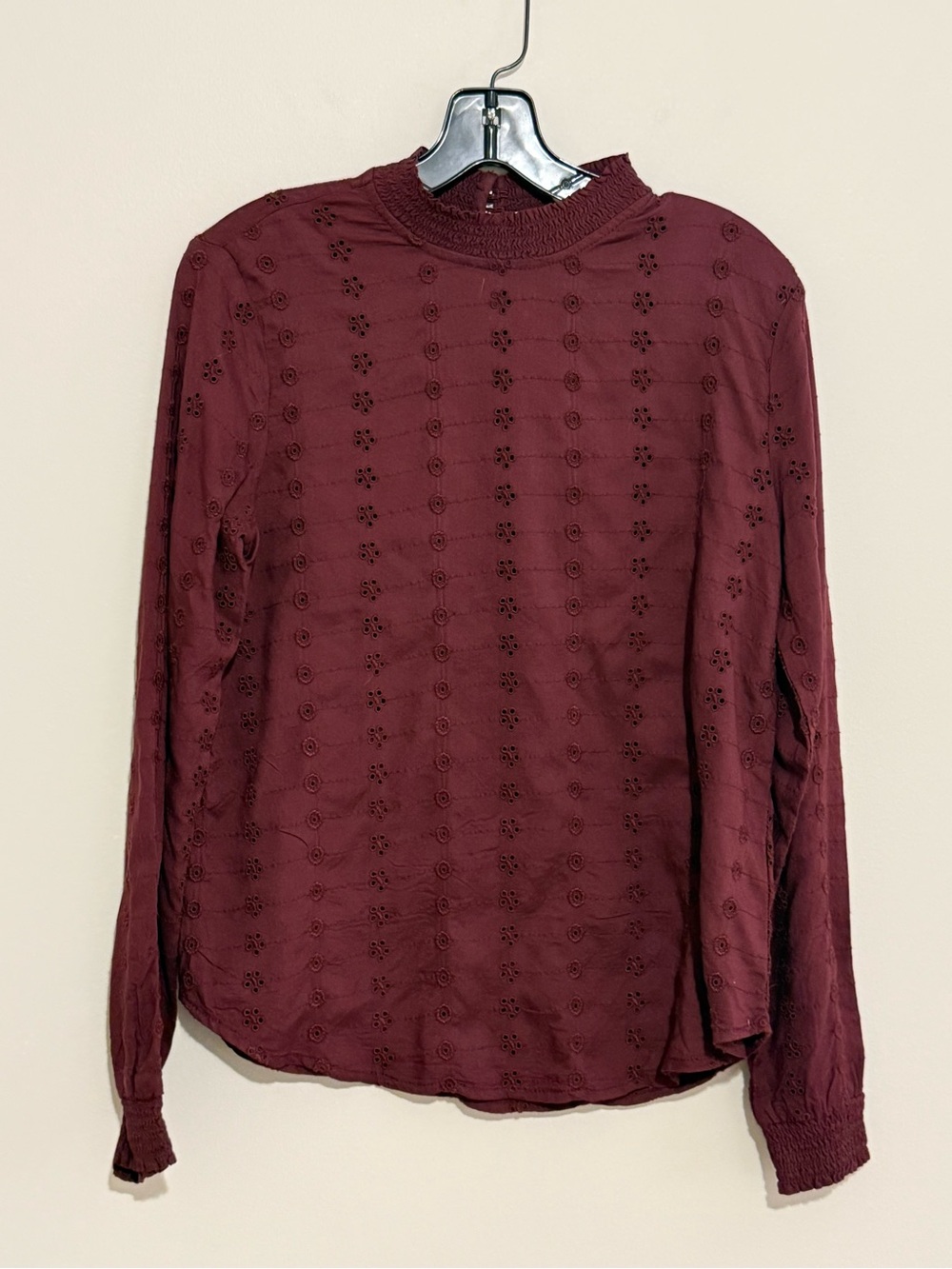 H&M Burgundy Eyelet Embroidered Mock Neck Long Sleeve Boho Blouse